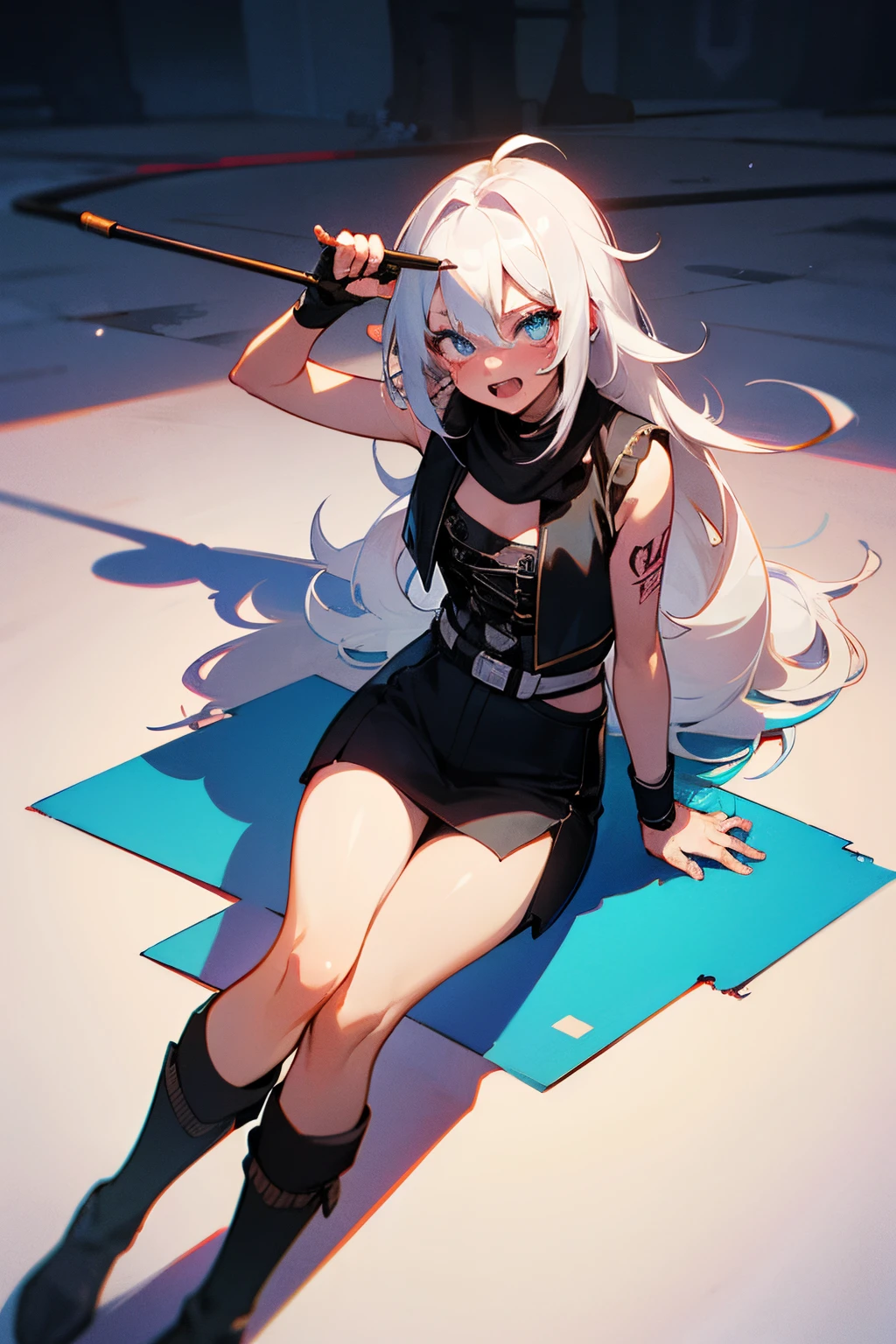 Female character, 1woman, solo, anime, cool, beautiful, aesthetic, illustration, anime artstyle, masterpiece, best quality, detailed, ultra quality, professional artwork, digital art, adult, irresistible, gorgeous, pure art, official art, 4k, hd, anime art, illustration anime digital art, digital, professional artist, white hair, long hair, messy hair, light blue eyes, glowing eyes, tattoos on right arm, marks on right arm, demonic tattoos, shadows on right arm, right arm, black medieval vest, bandit clothes, black strings, fighting clothes, black short vest, strings on legs, black shorty, ripped shorty, cool outfit, long black boots, knight boots, long socks thighs, left arm strings, white and blue roses on background, open mouth, talking, looking you, surprised, confused, eyebrows up, blush, demon teeth, vampire cute teeth, cat pupils, mystic, entity, pg, oc, adult