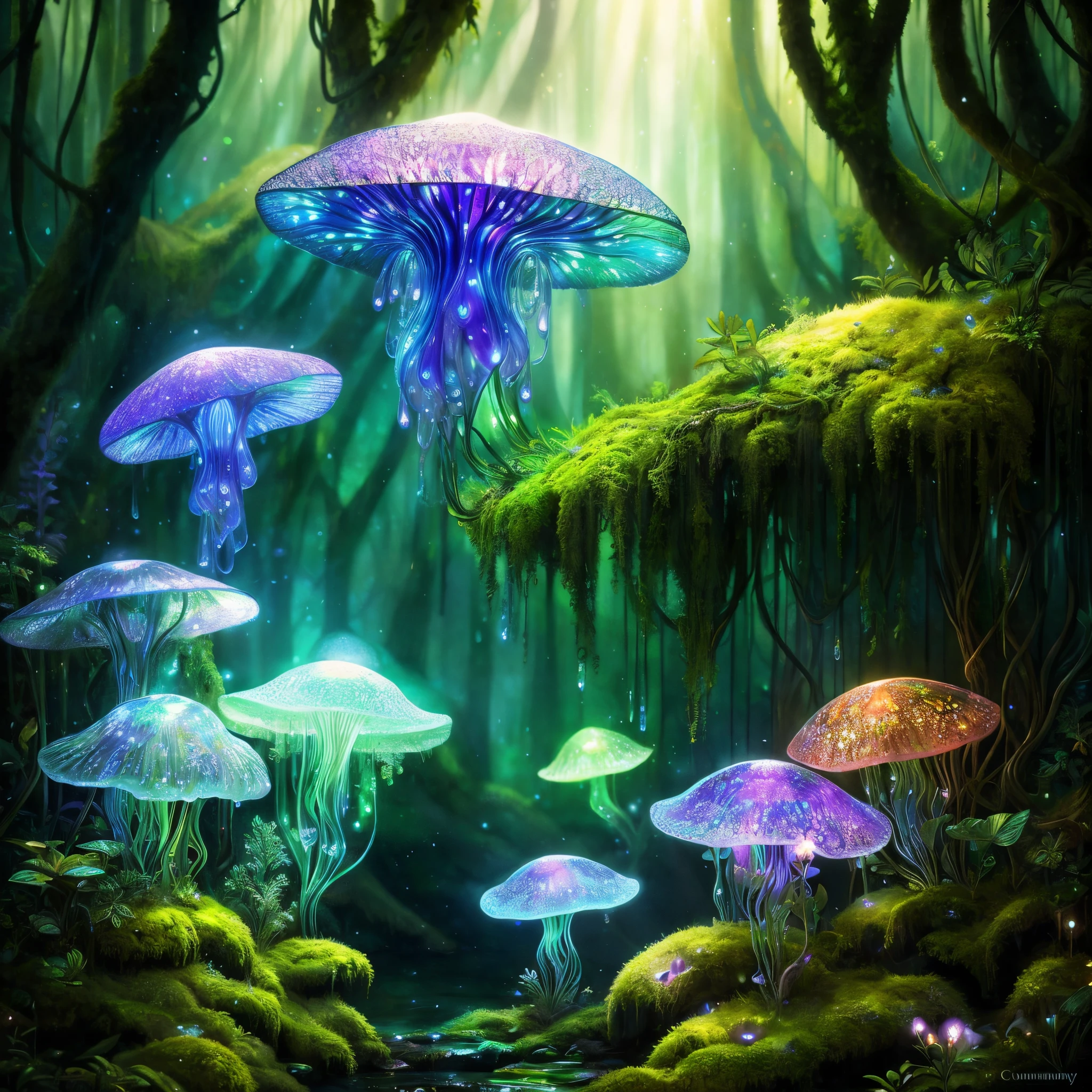 by Louis Comfort Tiffany ，Mycena chlorophos , Luminous mycelium,jelly fish,dreamy forest , moss , High - quality photo , hyperdetailed , misty , chiaroscuro , vines , vignette , bokeh , dreamy and enchanting atmosphere