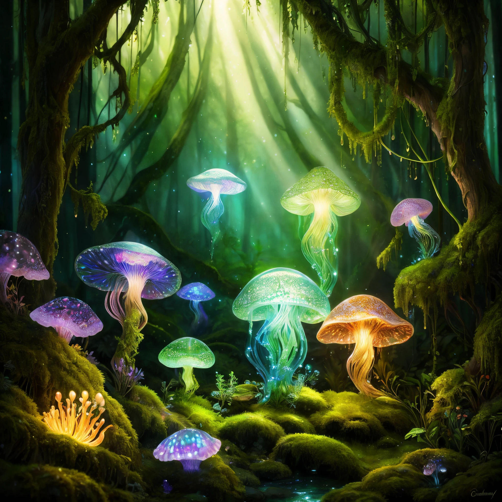 by Louis Comfort Tiffany ，Mycena chlorophos , Luminous mycelium,jelly fish,dreamy forest , moss , High - quality photo , hyperdetailed , misty , chiaroscuro , vines , vignette , bokeh , dreamy and enchanting atmosphere