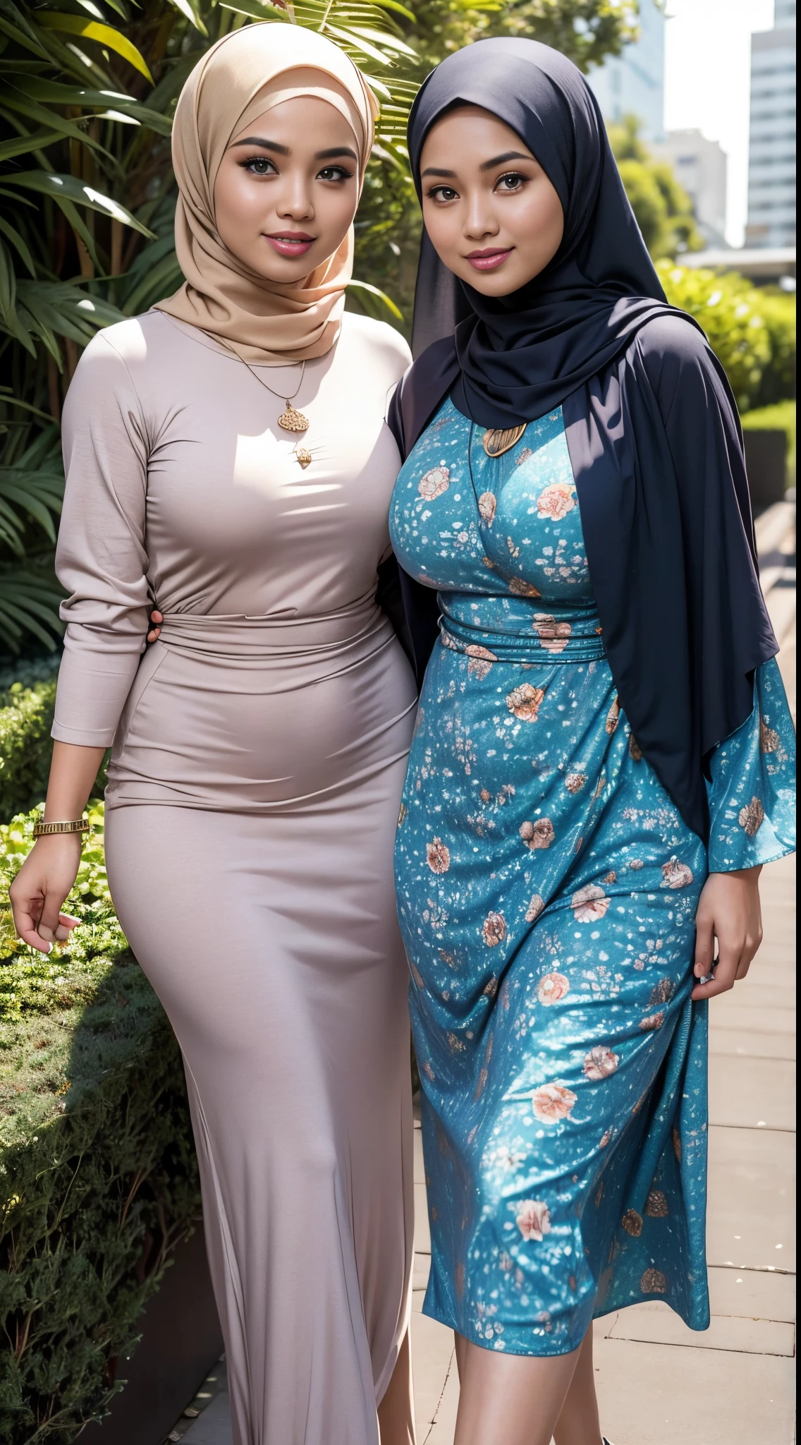 RAW, Best quality, high resolution, masterpiece: 1.3), Two beautiful Malay woman in hijab,Masterpiece, perfect slim fit body, (Huge breasts), big gorgeous eyes, Soft smile, Delicate turtleneck print sun dress, necklace, shairband, afternoon walk, City garden, Excellent lighting, Bright colors, Clean lines