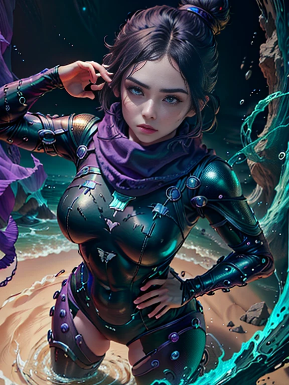 (best quality, 8k, 32k, master part, UHD), uma mulher ,Rosto ultra-detalhado,  (Wraith) , full body standing photo , Olhos brancos detalhados , best quality, detalhes intrincados, single hair bun, sbikini, purple scarf, knee-high boots