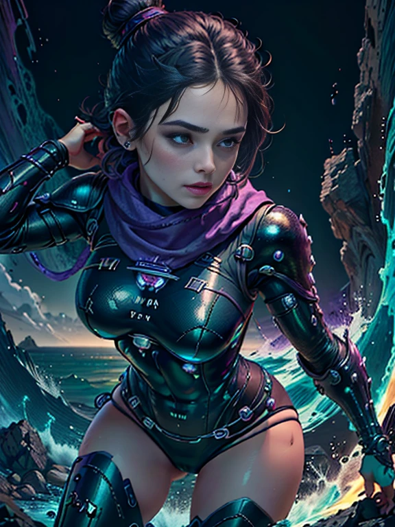 (best quality, 8k, 32k, master part, UHD), uma mulher ,Rosto ultra-detalhado,  (Wraith) , full body standing photo , Olhos brancos detalhados , best quality, detalhes intrincados, single hair bun, sbikini, purple scarf, knee-high boots