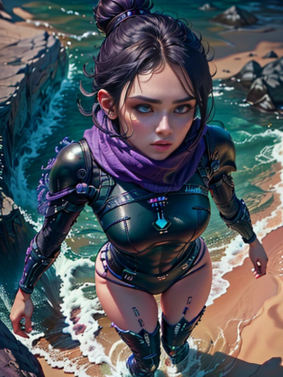 (best quality, 8k, 32k, master part, UHD), uma mulher ,Rosto ultra-detalhado, (Wraith) , full body standing photo , Olhos brancos detalhados , best quality, detalhes intrincados, single hair bun, sbikini, purple scarf, knee-high boots