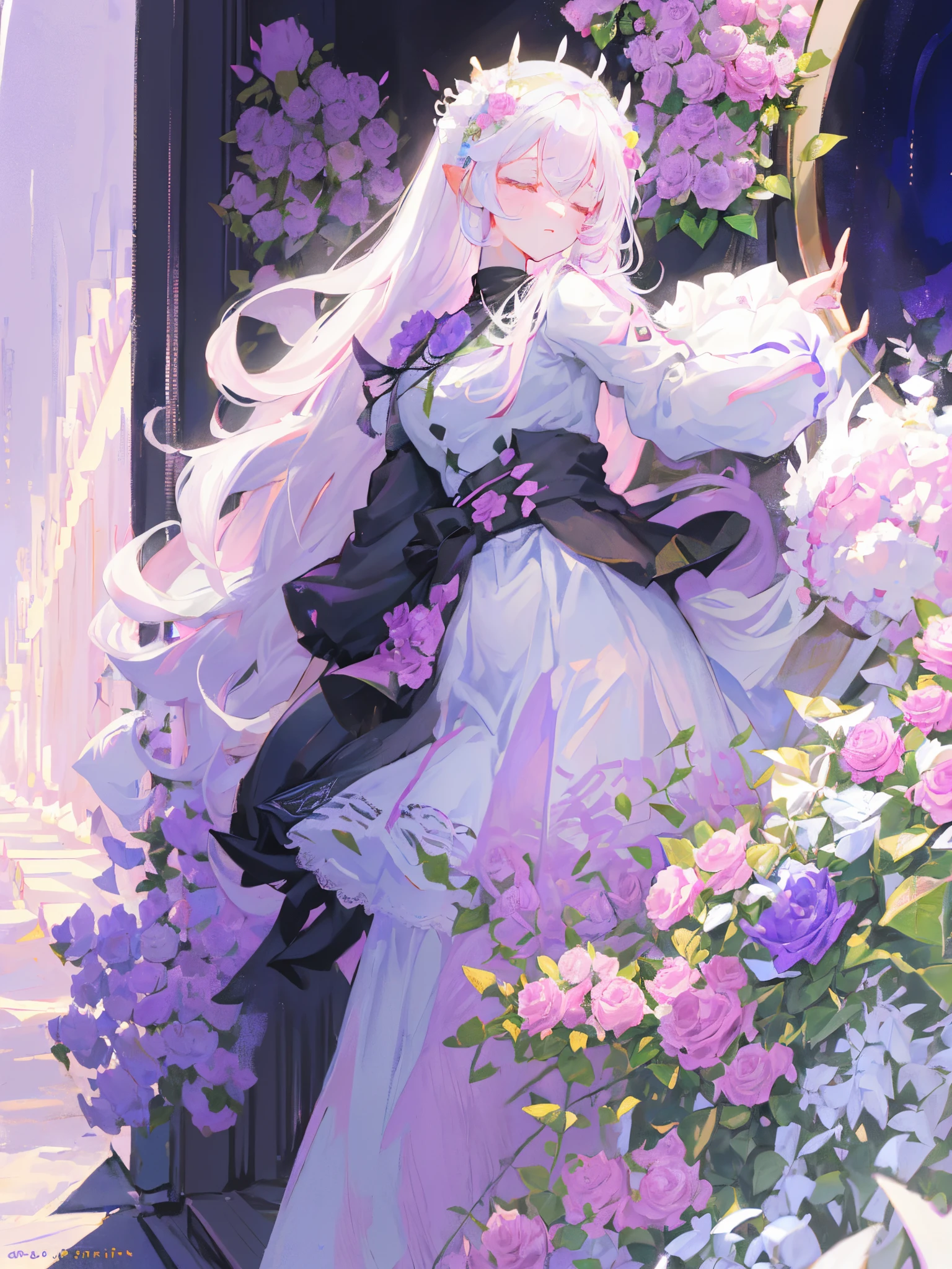 Sleeping colored lilac and white hair, (rosas vermelhas em todo o fundo: 1.4), nice hands, perfect hands