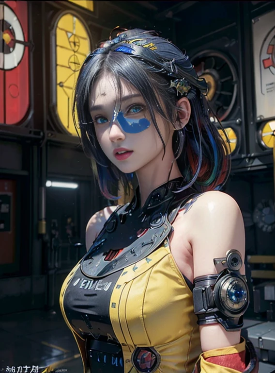 (masutepiece:1.3), (Best movie quality:1.2), (Very detailed settings:2), (Soft+Artistic lighting), (1boy), short blue hair, (Eyes+yellow+Red:1.4), (multicolored eyes+Heterochromia), Wear cyberpunk clothing, Futuristic, tech, city scenery (Robots around)0.4], Take in dramatic views.