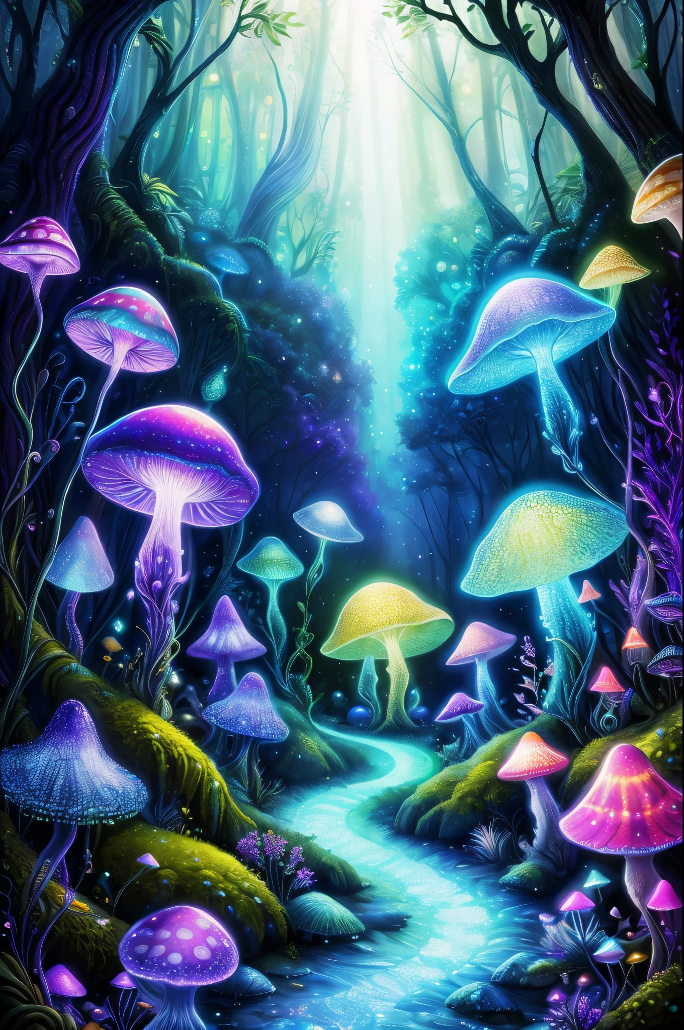 (Best quality at best, 8K, A high resolution, tmasterpiece:1.2), ultra - detailed, (actual, realistically:1.37), vibrant with colors, magical ambiance, Whimsical, ((by Louis Comfort Tiffany, Mycena chlorophos, Luminous mycelium, jelly fish, dreamy forest, moss , High - quality photo , hyperdetailed , misty , chiaroscuro , vines , vignette , bokeh , dreamy and enchanting atmosphere)), Surreal, Psychedelic, Complicated details, Beautiful texture, Ethereal, like a dream, Soft glowing light, Charming Patterns, fantastical creature, Hidden surprises, dreamlike landscapes, Surreal color palette, Mystic aura, ultra-realistic realism, Enchanting journey, psychedelic trip, vivid imagination, immersive experience, mysterious creature, otherworldly charm, glowing paths, Light up magic mushrooms, surreal environment, Whimsical scenes, a magical encounter,Fascinating artwork