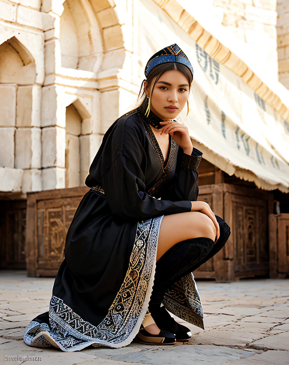 haute couture, A hyper-realistic, dress in the style of the Ark Fortress, ancient citadel in Bukhara, Uzbekistan, material with a traditional pattern or with designs in the spirit of the works of artists of that time: At the same time, clothing models may relate to those times, so be quite modern, Photorealistic, Real hands