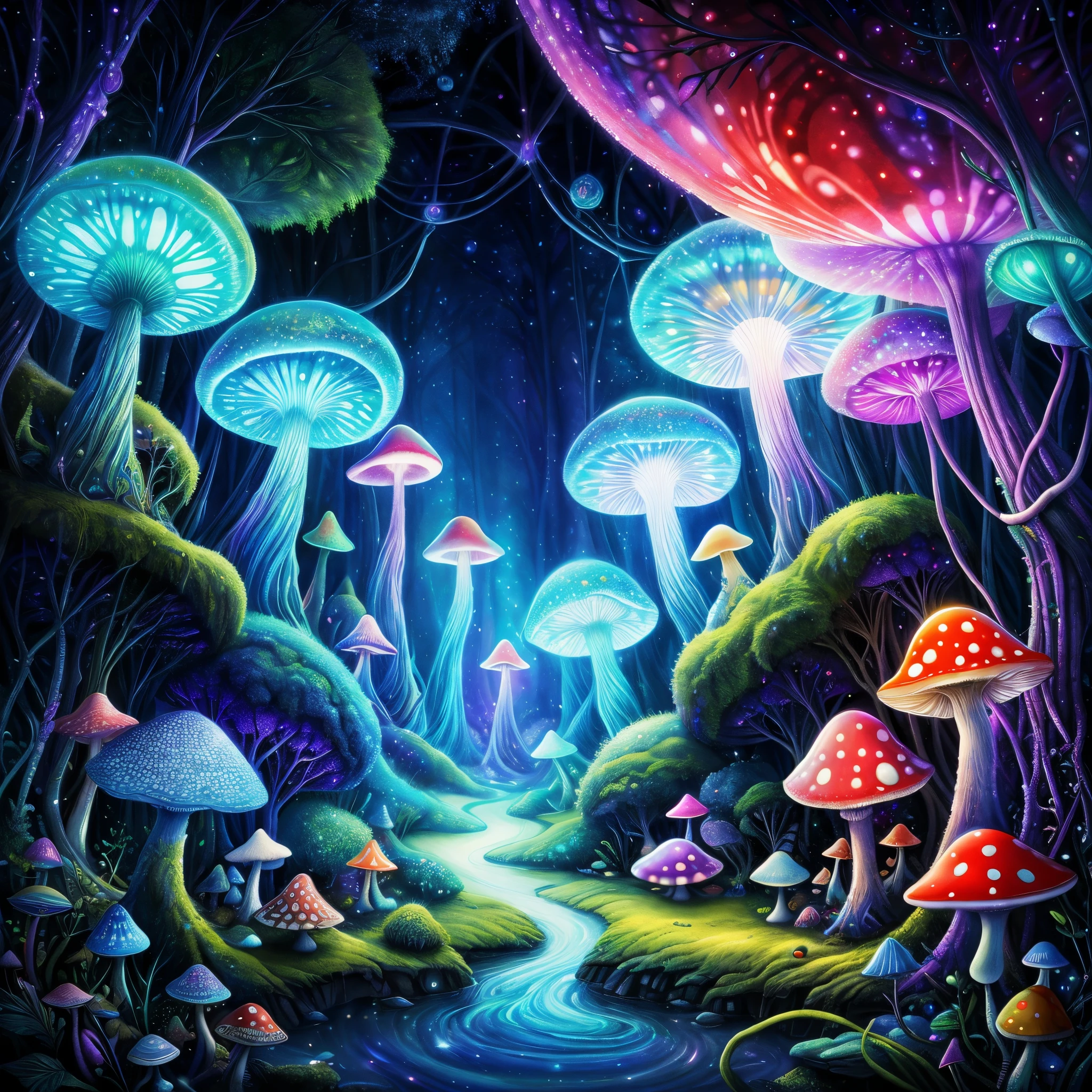 (Best quality at best, 8K, A high resolution, tmasterpiece:1.2), ultra - detailed, (actual, realistically:1.37), vibrant with colors, magical ambiance, Whimsical, ((amanita muscaria island , Luminous mycelium, jelly fish, dreamy forest , moss , High - quality photo , hyperdetailed , misty , chiaroscuro , vines , vignette , bokeh , dreamy and enchanting atmosphere)), Surreal, Psychedelic, Complicated details, Beautiful texture, Ethereal, like a dream, Soft glowing light, Charming Patterns, fantastical creature, Hidden surprises, dreamlike landscapes, Surreal color palette, Mystic aura, ultra-realistic realism, Enchanting journey, psychedelic trip, vivid imagination, immersive experience, mysterious creature, otherworldly charm, glowing paths, Light up magic mushrooms, surreal environment, Whimsical scenes, a magical encounter,Fascinating artwork