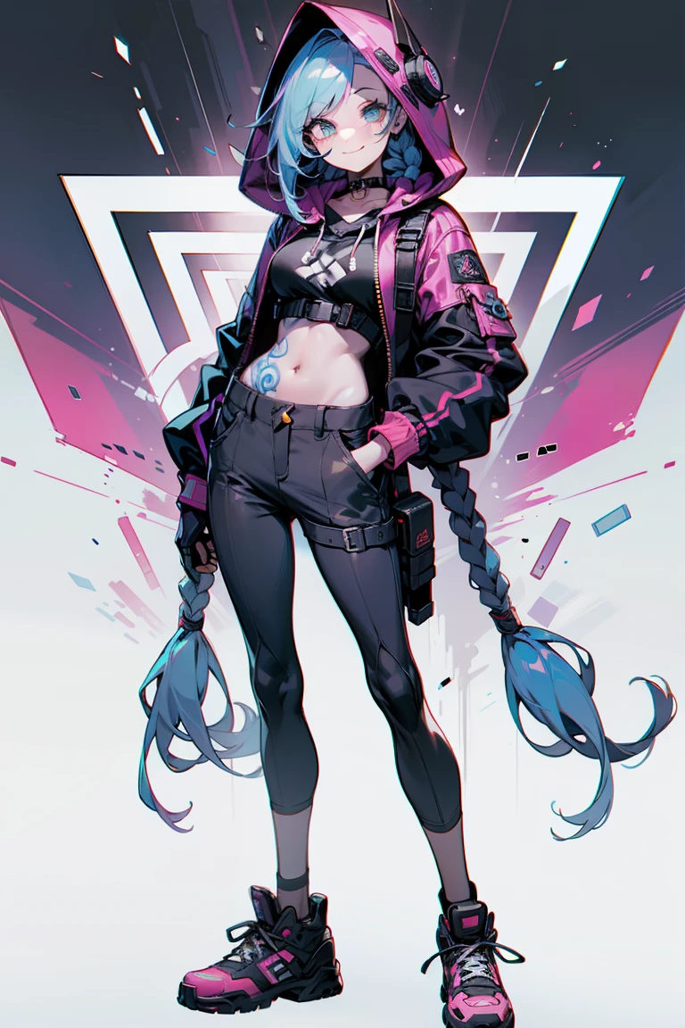doom \(league of legend\), 1girl huge big breasts,pixar-style, Smilingly,Alone, woven, Double up braid, (blue long hair), Surprised eyes,tattoo is, (opens his eyes wide:0.9),See the audience, arm tattoos, mediuml breasts, lookingat_Shown in_peeking at the viewer, short_the hair, mitts, navel, fail, blue_There are eyes, everlasting, full_body, arma, footwear, collars, Black_mitts, septum, hooded, the hair_exceed_Yoon_There are eyes, guns, cropper_top, hoody, Black_trouser, athletic sneakers, fail_guns, hand gun, cropped_jaket, Ed_Shown in_pocket, cyber punk personage, cropped_hoody