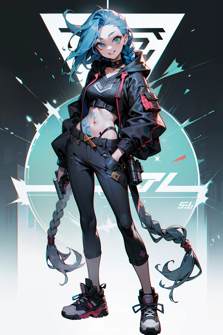 doom \(league of legend\), 1girl huge big breasts,pixar-style, Smilingly,Alone, woven, Double up braid, (blue long hair), Surprised eyes,tattoo is, (opens his eyes wide:0.9),See the audience, arm tattoos, mediuml breasts, lookingat_Shown in_peeking at the viewer, short_the hair, mitts, navel, fail, blue_There are eyes, everlasting, full_body, arma, footwear, collars, Black_mitts, septum, hooded, the hair_exceed_Yoon_There are eyes, guns, cropper_top, hoody, Black_trouser, athletic sneakers, fail_guns, hand gun, cropped_jaket, Ed_Shown in_pocket, cyber punk personage, cropped_hoody