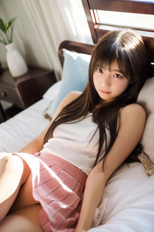 An ultra-high picture quality、Perfect Photo、-yeld beiful girl、Japan beautiful girl、middle scinned、slender、tiny chest、Lying on his back on the bed、a miniskirt、raised mini skirt、With bangs、ankle、Crying face、is crying、Prone eyes、Semi-long hair、Straight hair、girl's own room、toe、sole of feet、thighs thighs thighs thighs、lying back on、Skinny Legs、