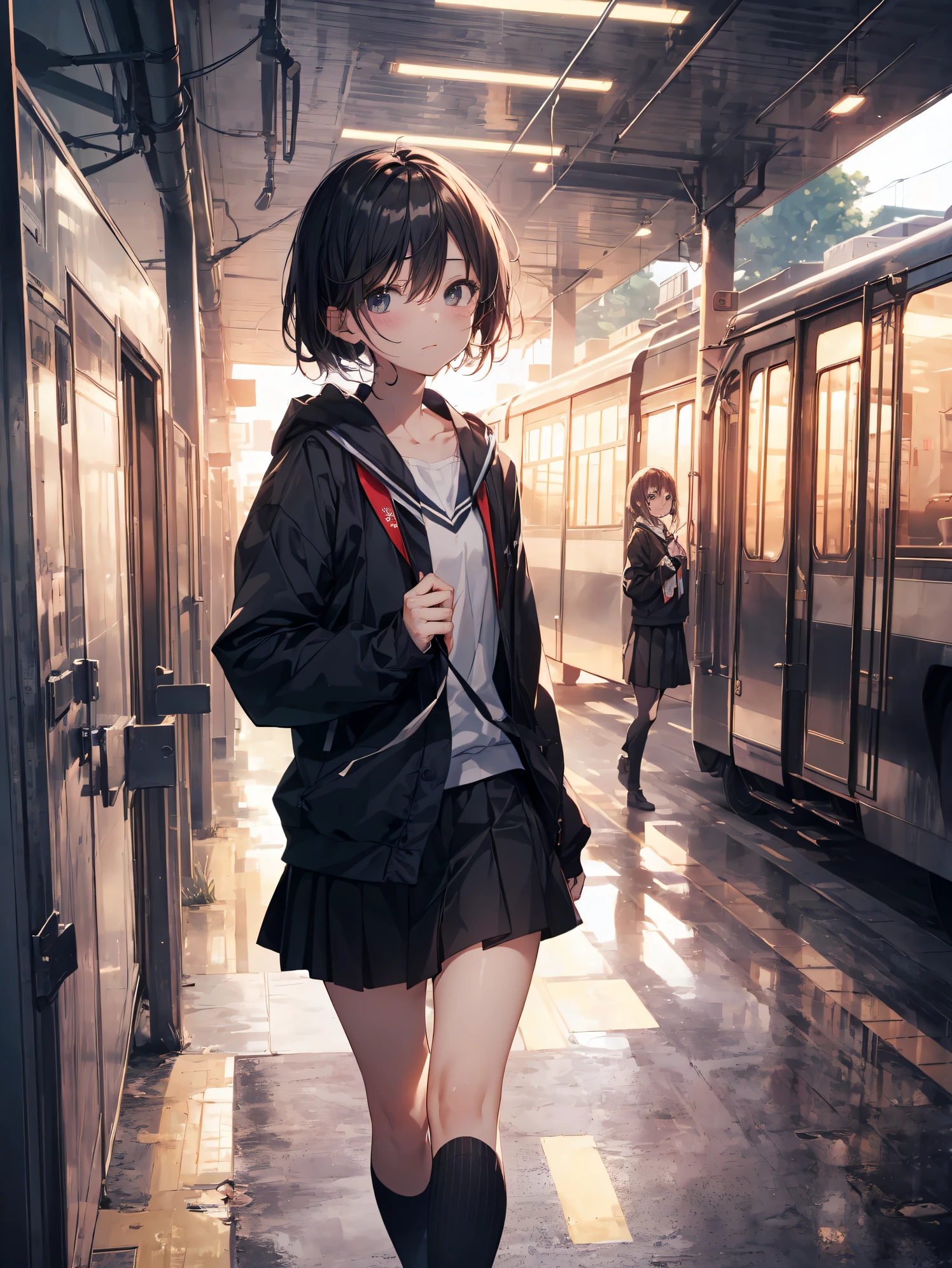 best god quality, Ultra-detailed, anime moe art style,Best Anime 8K Konachan Wallpapers,Pixiv Contest Winner,Perfect Anatomy, (Draw a girl sleepily walking to school. ),BREAK, 1 girl is a beautiful girl, (Solo,Lori,child,13years:1.3),a junior high school student, Androgynous attraction, (Center part very short hair),hair messy, Forehead, Full limbs, complete fingers,flat chest, Small butt, groin, Small eyes,Beautiful detailed black eyes,disgusted eye, School uniform, Skirt,On the way to school. BREAK,High resolution,super detailed skin, Lighting to test AI performance,  Illustration,