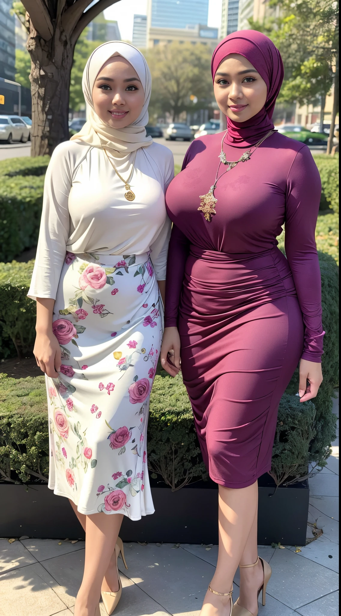 RAW, Best quality, high resolution, masterpiece: 1.3), Two beautiful Malay woman in hijab,Masterpiece, perfect slim fit body, (Huge breasts), big gorgeous eyes, Soft smile, Delicate turtleneck print sun dress, necklace, shairband, afternoon walk, City garden, Excellent lighting, Bright colors, Clean lines