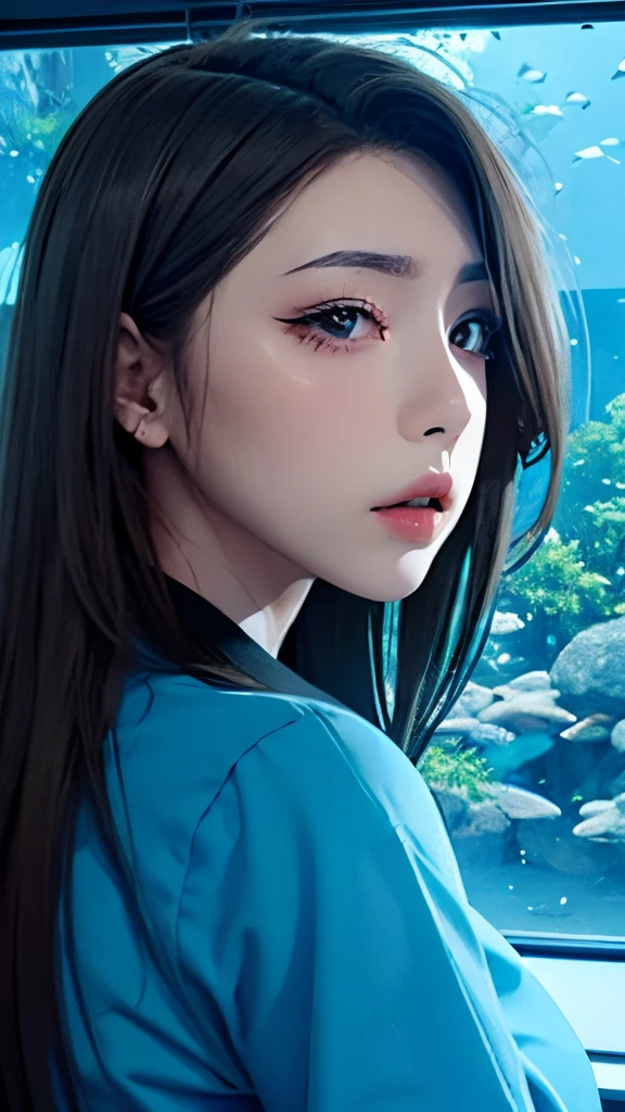 girl with dark makeup、Looking back in front of the huge aquarium、Blue View、细致背景、Churaumi Aquarium、