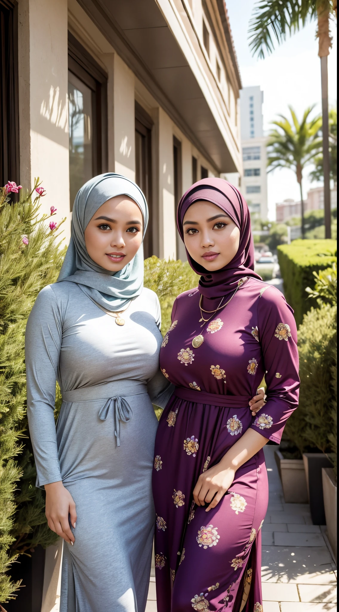 RAW, Best quality, high resolution, masterpiece: 1.3), Two beautiful Malay woman in hijab,Masterpiece, perfect slim fit body, (Huge breasts), big gorgeous eyes, Soft smile, Delicate turtleneck print sun dress, necklace, shairband, afternoon walk, City garden, Excellent lighting, Bright colors, Clean lines