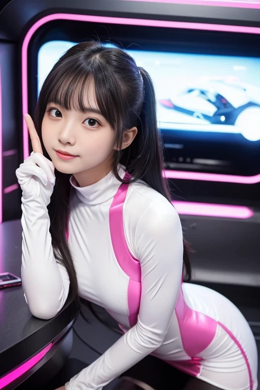 (put index finger on jaw, bend index finger, shiny rubber suit, stare at viewer, leaning forward, 1 girl, looking at viewer, from front, facing straight at viewer, dark pink and white clothes, white gloves, futuristic space suit, inside spaceship room),
smile, upper body, body suit, mini pencil skirt, high neck clothes, hide the neck, drooping eyes, head tilt, masterpiece, best quality, an extremely cute girl, 20 years old, black hair, dark pink lines on both sides of clothes