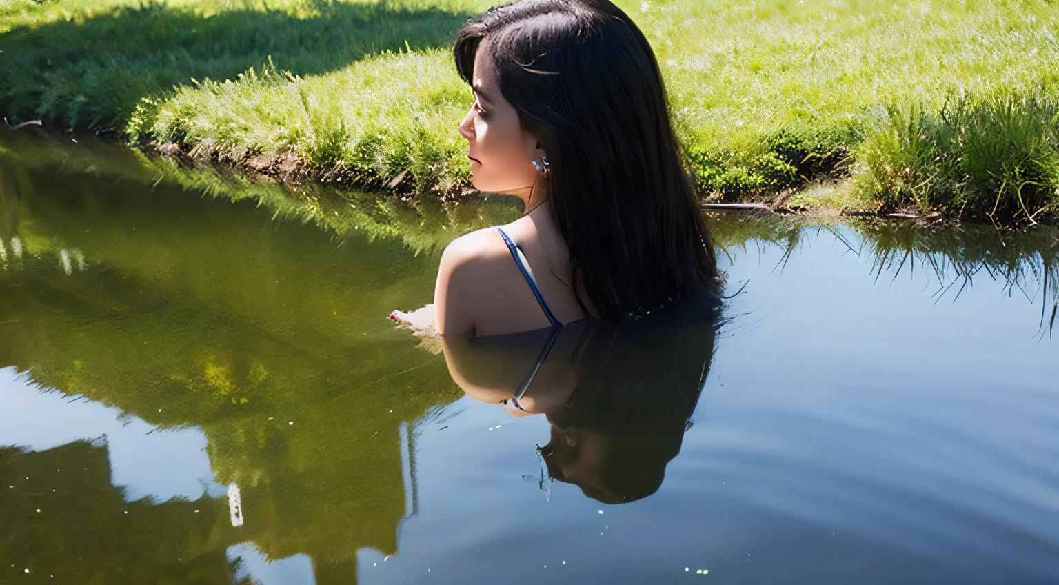 3 nude females swimming in the pond. Rear end points upwards. View from above.