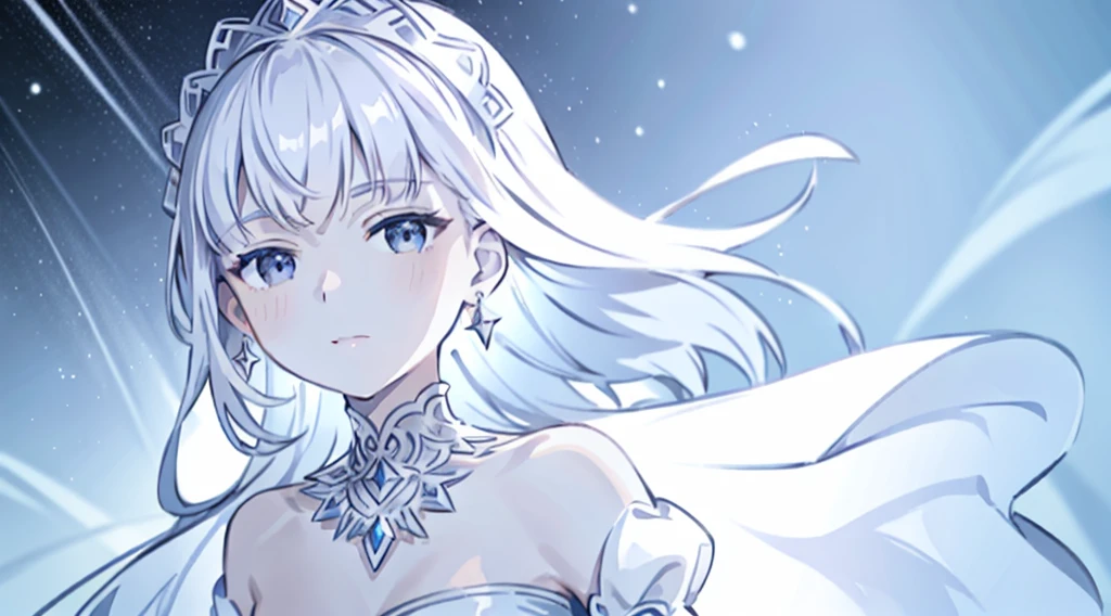 ​masterpiece, top-quality, illustratio,Snow、Platinum Earrings, Platinum Necklace, white dres, 1girl in, cute little, illuminating, delicated facial features, A detailed eye,  Many Small Gems、kirakira、A lot of rabbits、Pure white、monochromes、White background