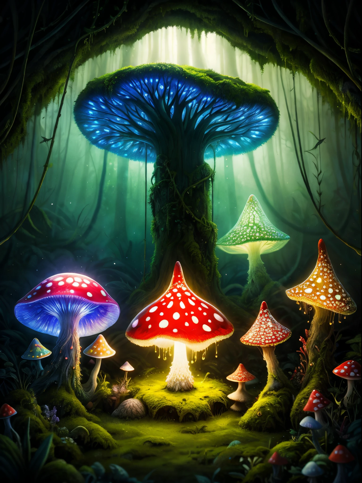 amanita muscaria island , Luminous mycelium, jelly fish, dreamy forest , moss , High - quality photo , hyperdetailed , misty , chiaroscuro , vines , vignette , bokeh , dreamy and enchanting atmosphere
