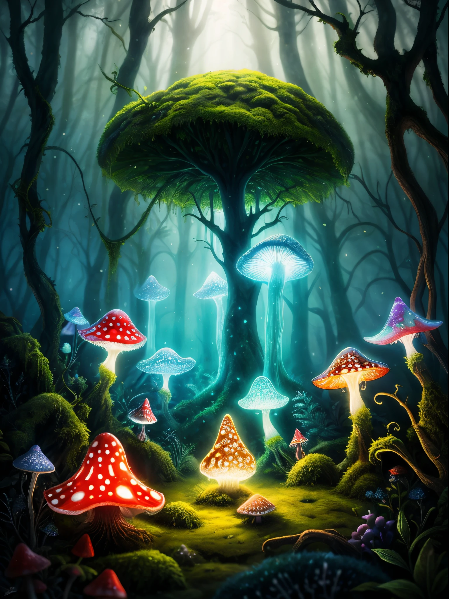 amanita muscaria island , Luminous mycelium, jelly fish, dreamy forest , moss , High - quality photo , hyperdetailed , misty , chiaroscuro , vines , vignette , bokeh , dreamy and enchanting atmosphere