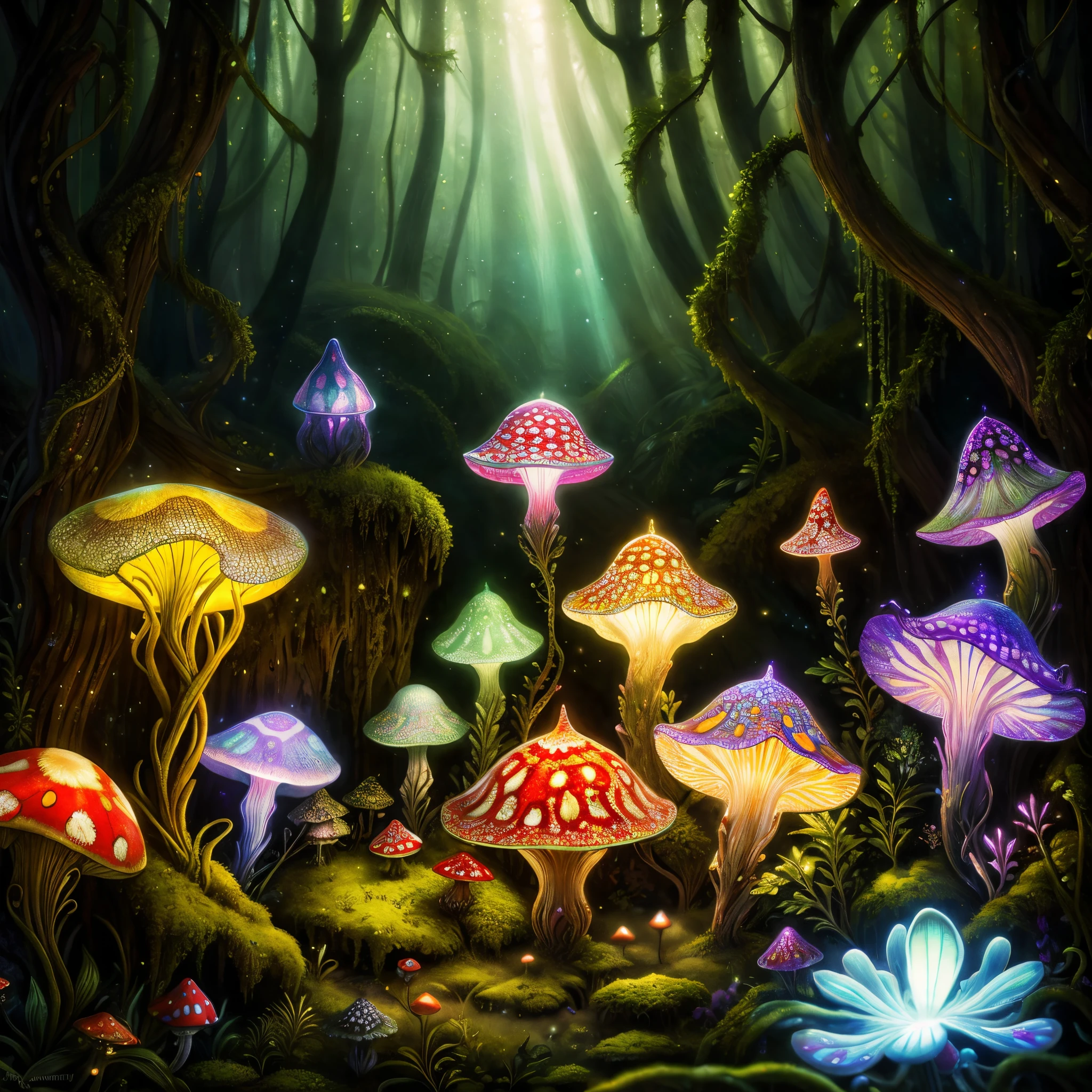 by Louis Comfort Tiffany ，amanita muscaria island , Luminous mycelium,jelly fish,dreamy forest , moss , High - quality photo , hyperdetailed , misty , chiaroscuro , vines , vignette , bokeh , dreamy and enchanting atmosphere