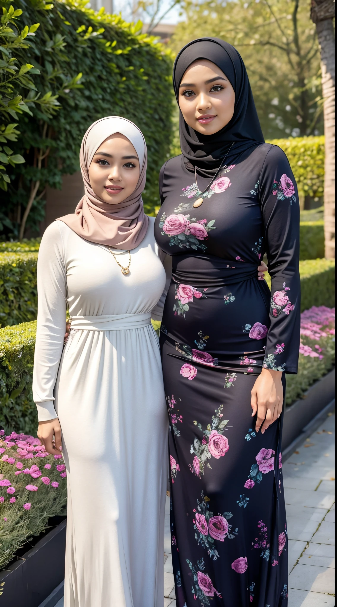 RAW, Best quality, high resolution, masterpiece: 1.3), Two beautiful Malay woman in hijab,Masterpiece, perfect slim fit body, (Huge breasts),beutiful face, perfect body, detail face, big gorgeous eyes, Soft smile, Delicate turtleneck print sun dress, necklace, shairband, afternoon walk, City garden, Excellent lighting, Bright colors, Clean lines