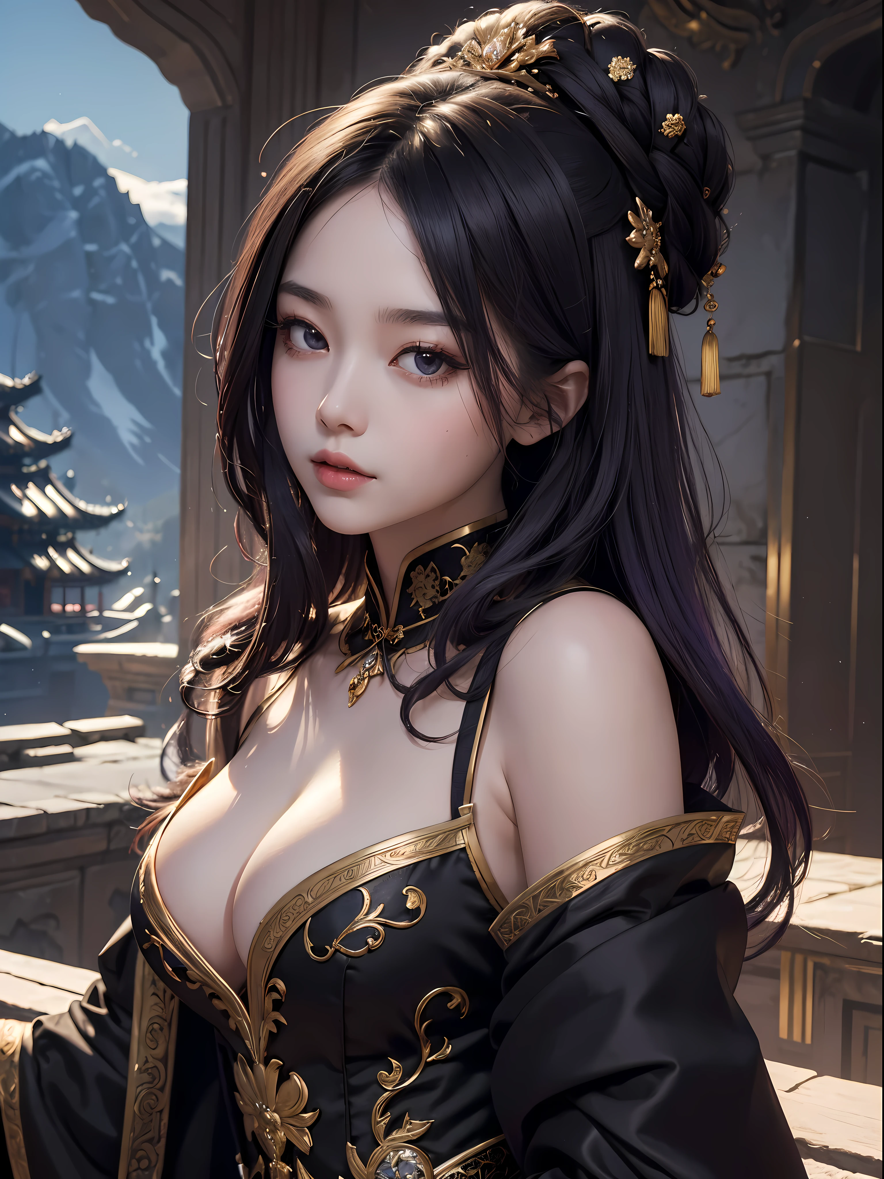(masterpiece, top quality, best quality, official art, beautiful and aesthetic:1.2), (1girl:1.3), extremely detailed, A girl, oval face, balanced body, big and round breasts, (detailed hand), (white skin), mysterious and seductive beauty of the night. Deep black eyes, Her mysterious long purple hair is tied high, with a golden pin on her head, black Chinese costume and dark silk, (looking at viewer: 1.1), (Palace background), highest sharpness