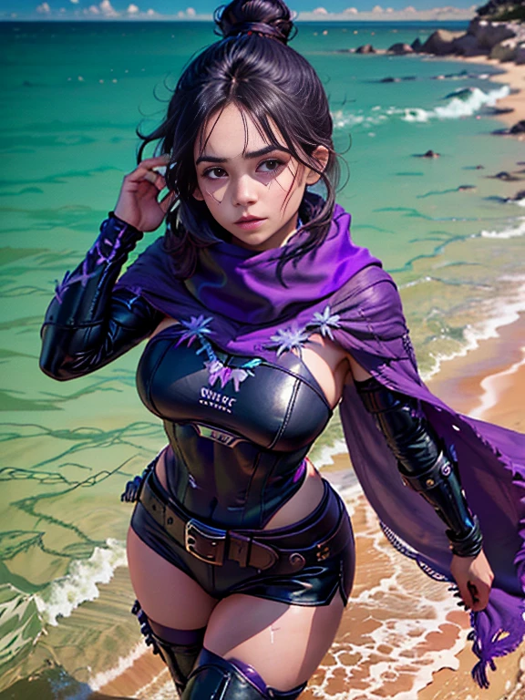 (best quality, 8k, 32k, master part, UHD), uma mulher ,Rosto ultra-detalhado,  (Wraith) , Full body photo standing , olhos brancos detalhados , best quality, detalhes intrincados, single hair bun, sbikini, purple scarf, knee-high boots