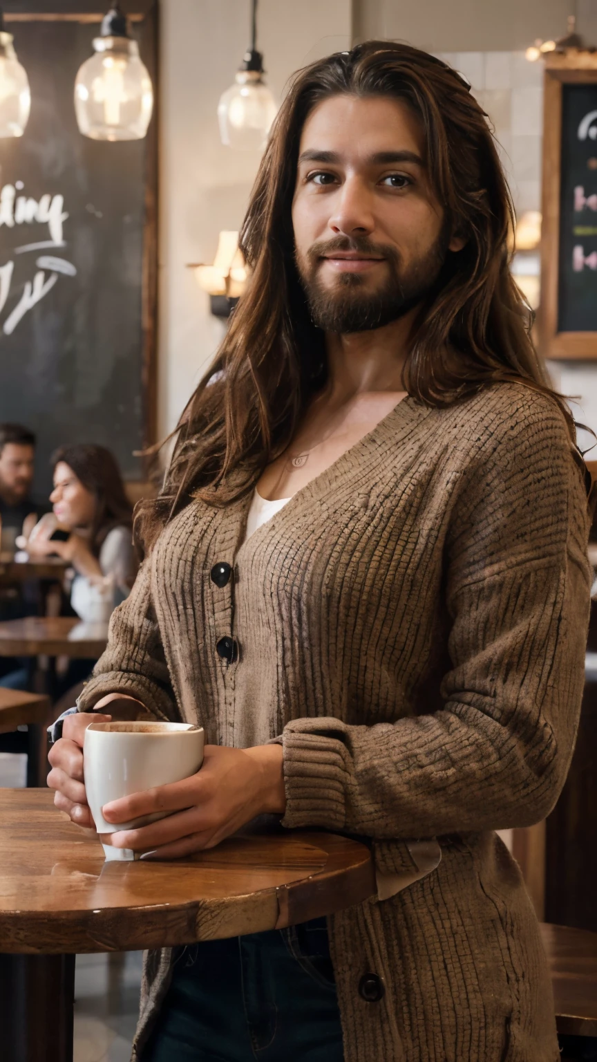 (best quality,4k,highres,ultra-detailed,realistic:1.37),vibrant portrait,beautiful cafe worker lady with a beard,long beautiful hair,manly chiseled face,expressive eyes,lovely smile,stylish outfit,confident stance,coffee cup,cozy atmosphere,artistic lighting,rich color palette,bokeh