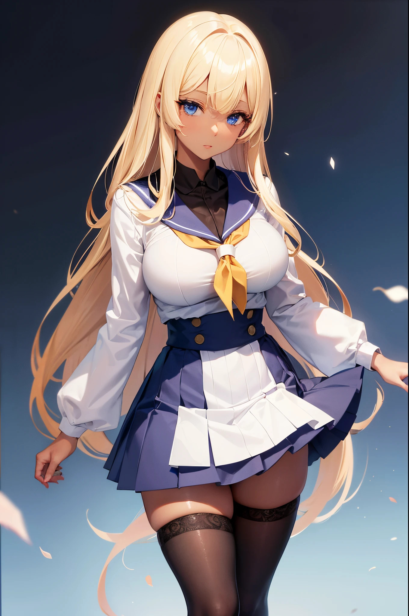 Female, Hime Cut Blonde hair, Blue eyes, dark brown skin, large breasts, wearing a Japanese schoolgirl uniform and tights. School background