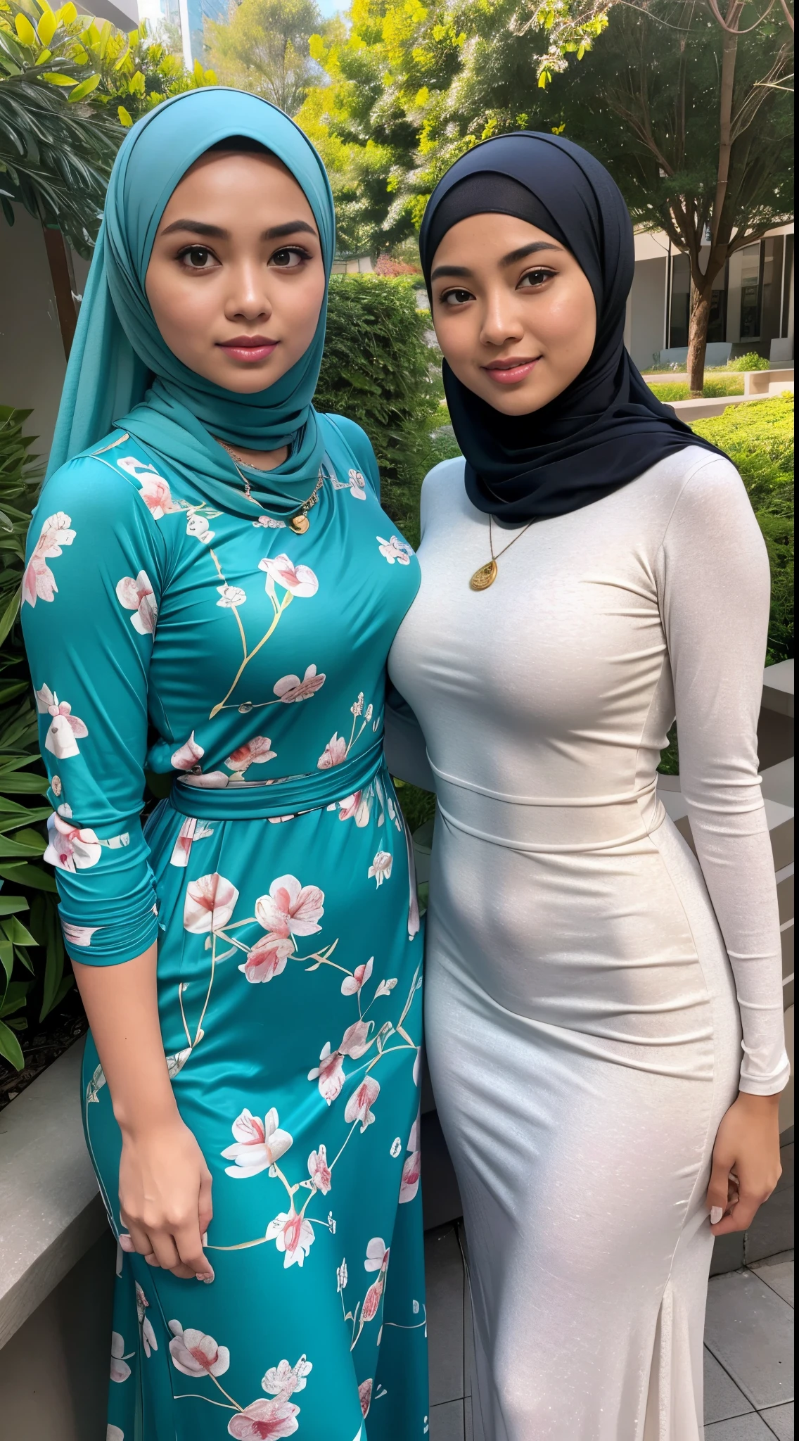 RAW, Best quality, high resolution, masterpiece: 1.3), Two beautiful Malay woman in hijab,Masterpiece, perfect slim fit body, (Huge breasts),beutiful face, perfect body, detail face, big gorgeous eyes, Soft smile, Delicate turtleneck print sun dress, necklace, shairband, afternoon walk, City garden, Excellent lighting, Bright colors, Clean lines