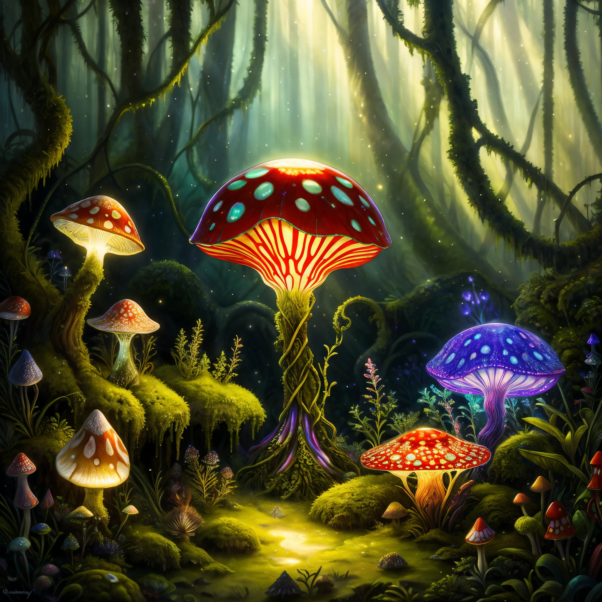 by Louis Comfort Tiffany ,amanita muscaria island , Luminous mycelium,jelly fish,dreamy forest , moss , High - quality photo , hyperdetailed , misty , chiaroscuro , vines , vignette , bokeh , dreamy and enchanting atmosphere