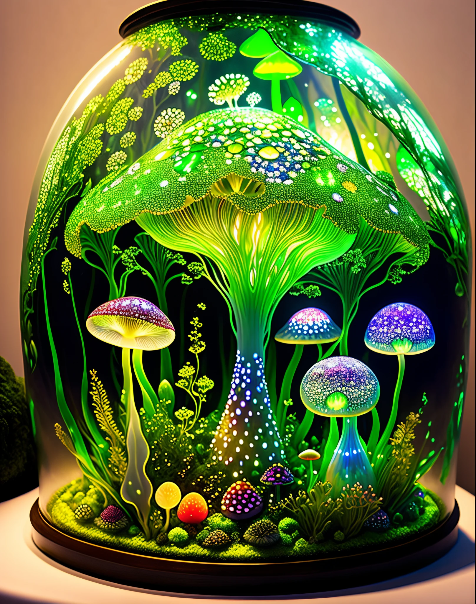 by Louis Comfort Tiffany ,amanita muscaria island , Luminous mycelium,jelly fish,dreamy forest , moss , High - quality photo , hyperdetailed , misty , chiaroscuro , vines , vignette , bokeh , dreamy and enchanting atmosphere