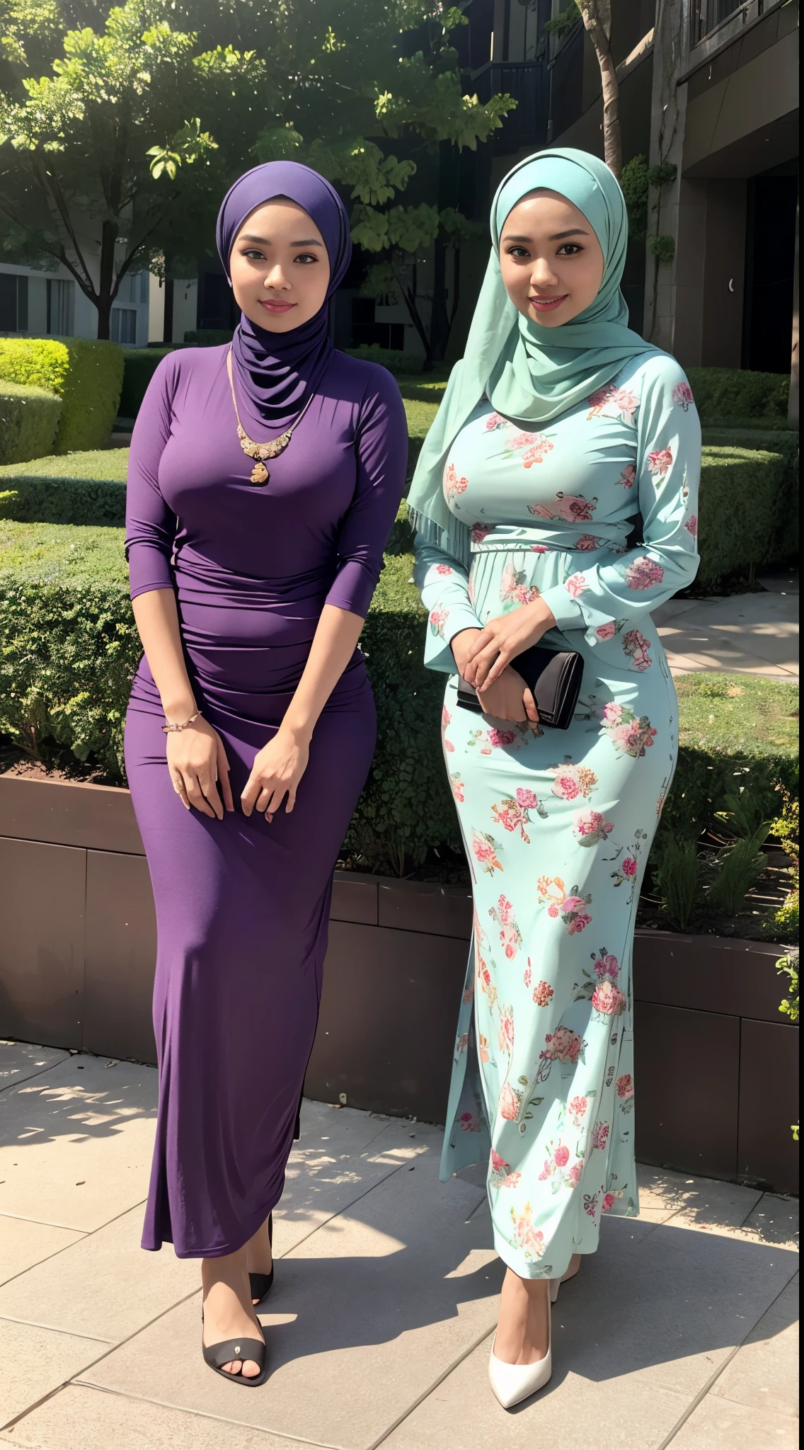 RAW, Best quality, high resolution, masterpiece: 1.3), Two beautiful Malay woman in hijab,Masterpiece, perfect slim fit body, (Huge breasts), big gorgeous eyes, Soft smile, Delicate turtleneck print sun dress, necklace, shairband, afternoon walk, City garden, Excellent lighting, Bright colors, Clean lines