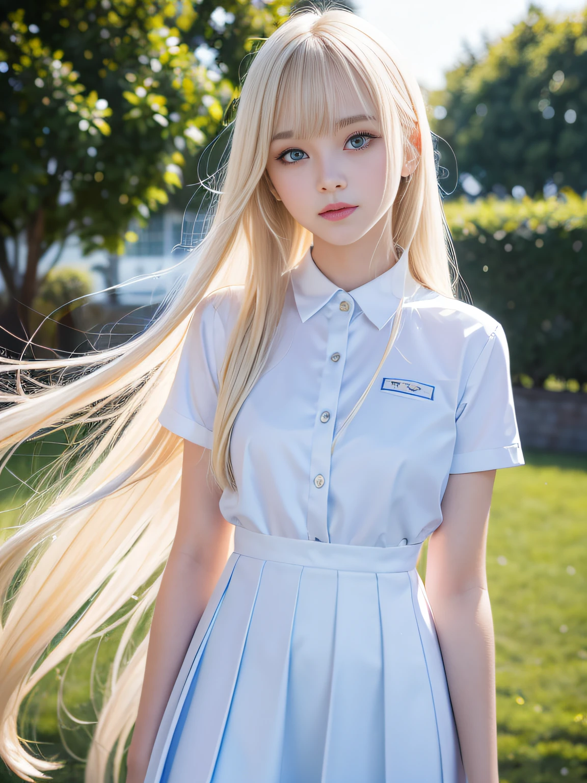 Single girl, school uniform, blue sky, bright and very beautiful face, young and shiny white shiny skin, best good looks, blonde hair with dazzling reflection of light, beautiful platinum blonde super long silky straight hair shiny shiny, long bangs, tremendously beautiful 17 years old, big eyes that shine transparent light blue, beautiful wonderful beautiful girl