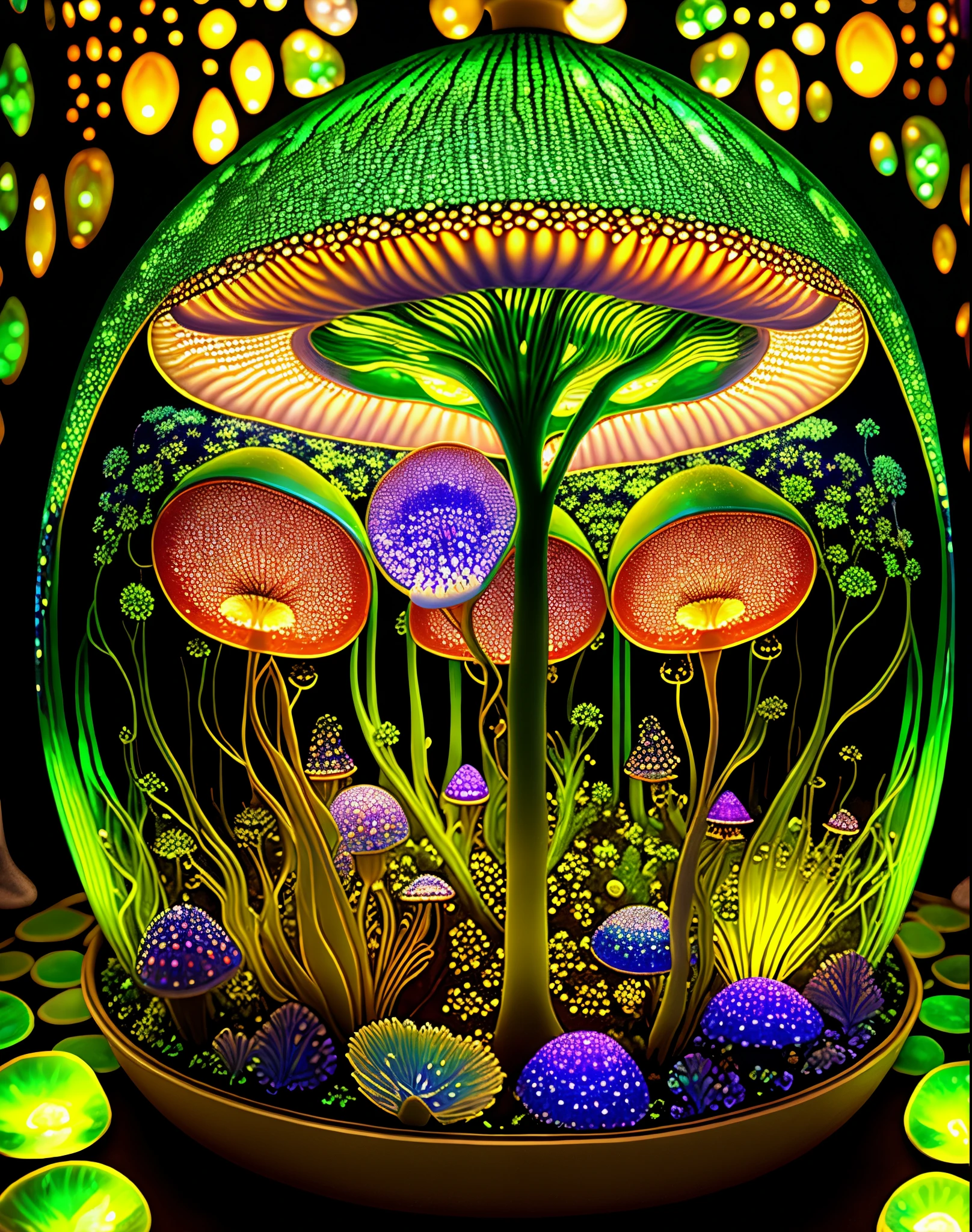 by Louis Comfort Tiffany ,amanita muscaria island , Luminous mycelium,jelly fish,dreamy forest , moss , High - quality photo , hyperdetailed , misty , chiaroscuro , vines , vignette , bokeh , dreamy and enchanting atmosphere