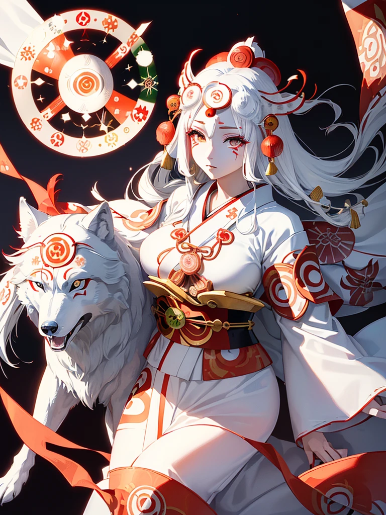 masutepiece, Best Quality, Extremely detailed, goddess of Japan, (Amaterasu:1.5), Black hair, Bright eye, Beautiful eyes, (a circle of light behind her:1.3), (She rides beside a white wolf with red markings.:1.3), (A very luxurious white color ceremonial kimono with many decorations:1.5), Movie Lighting, bright light line