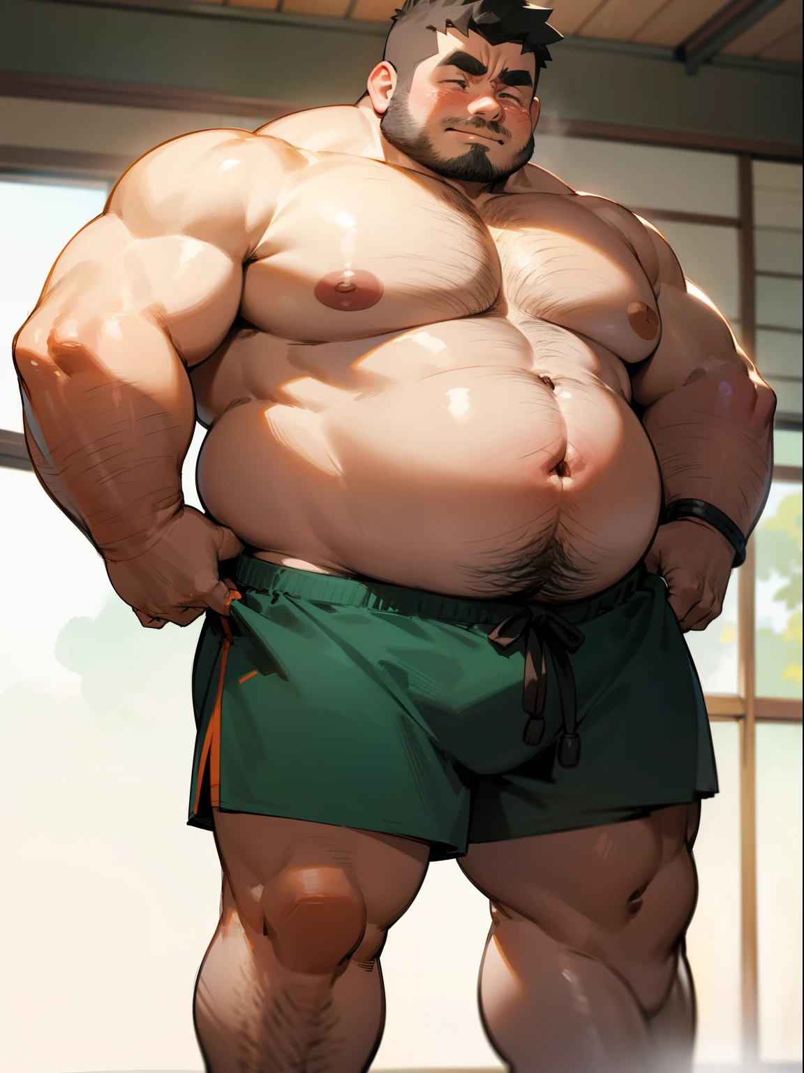 A thick man is 50yo in japan, 1man, stand and slouching look down, dwarfism, Wearing a under wear, shirtless, Bowleg, Bare legs, shirtless, obesity with a protruding belly, short stature and short limbs, Round face, crew cut, Shy, tearful, sobbing, classroom, a picture, high detail photo, masterpiece