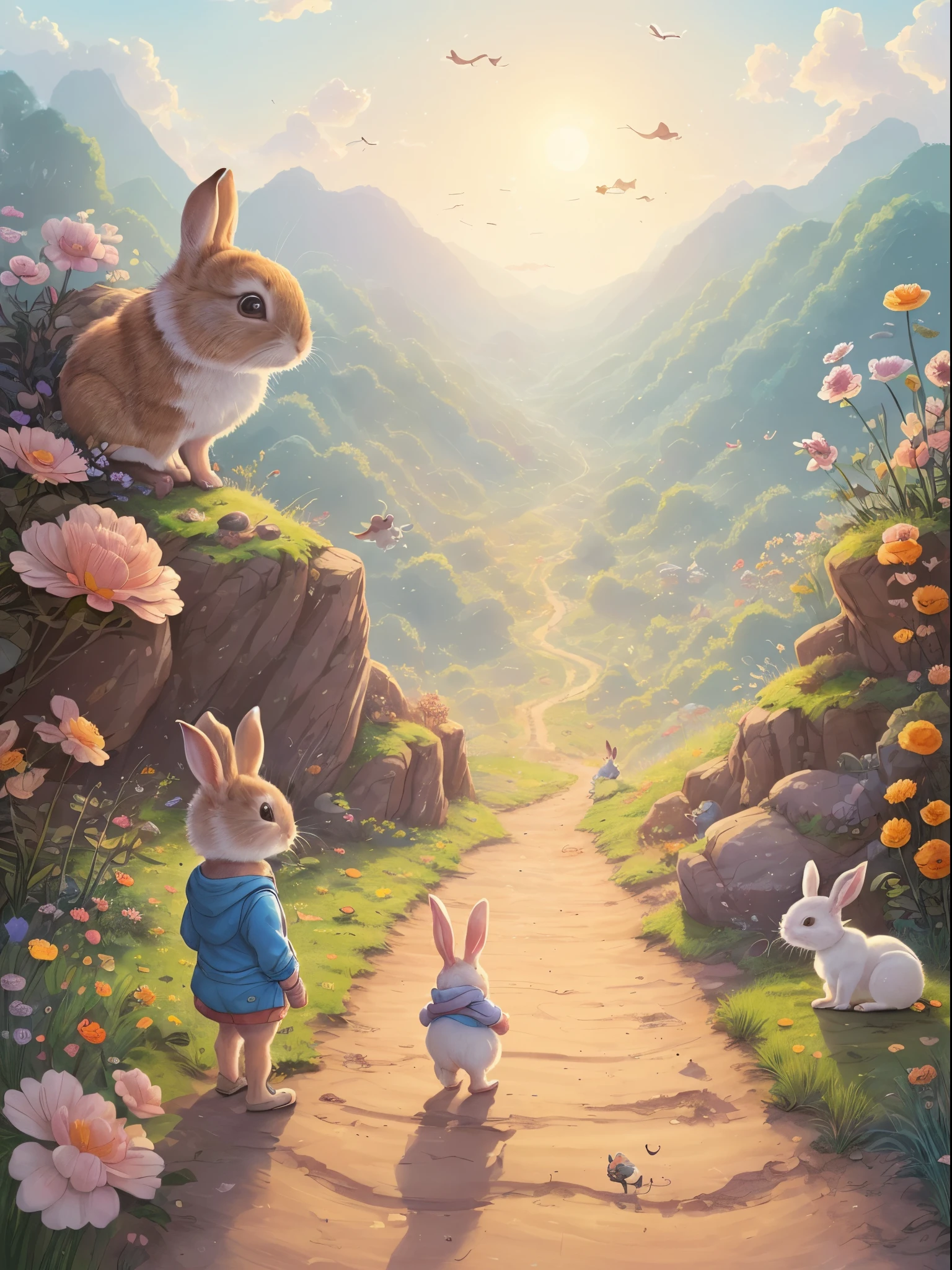 in the process of adventure,The rabbit made new friends,Let’s work together to solve problems。Continuous shots,Cinematic immersion,Sense of story,children's picture book,kid story,high saturation color,Color illustration