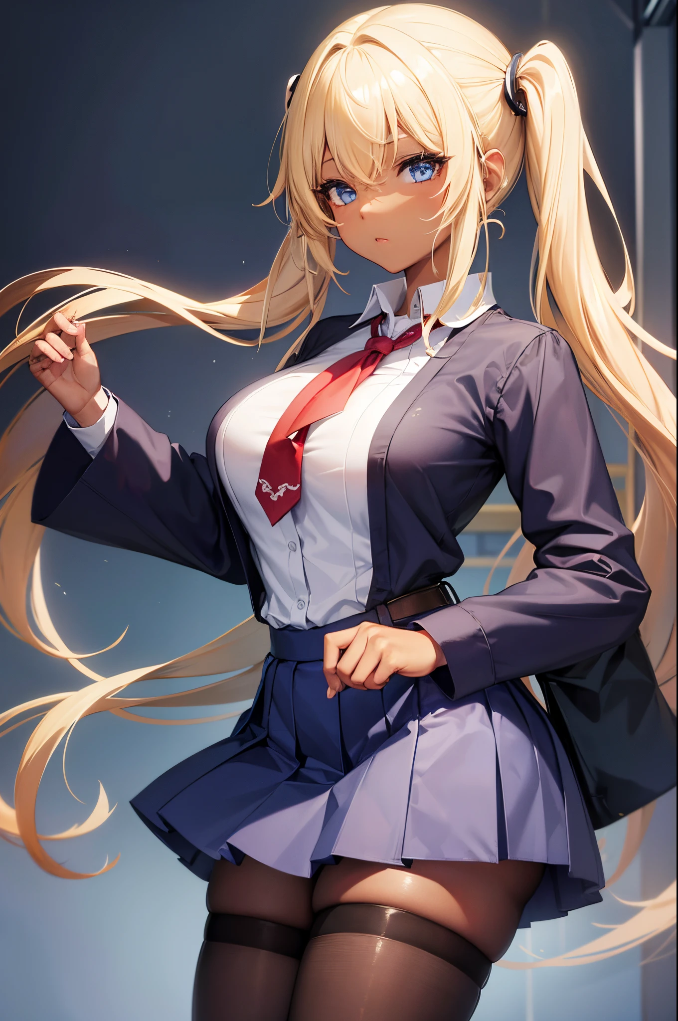 Female, twintails Blonde hair, Blue eyes, dark brown skin, large breasts, wearing a Japanese schoolgirl uniform and tights. School background