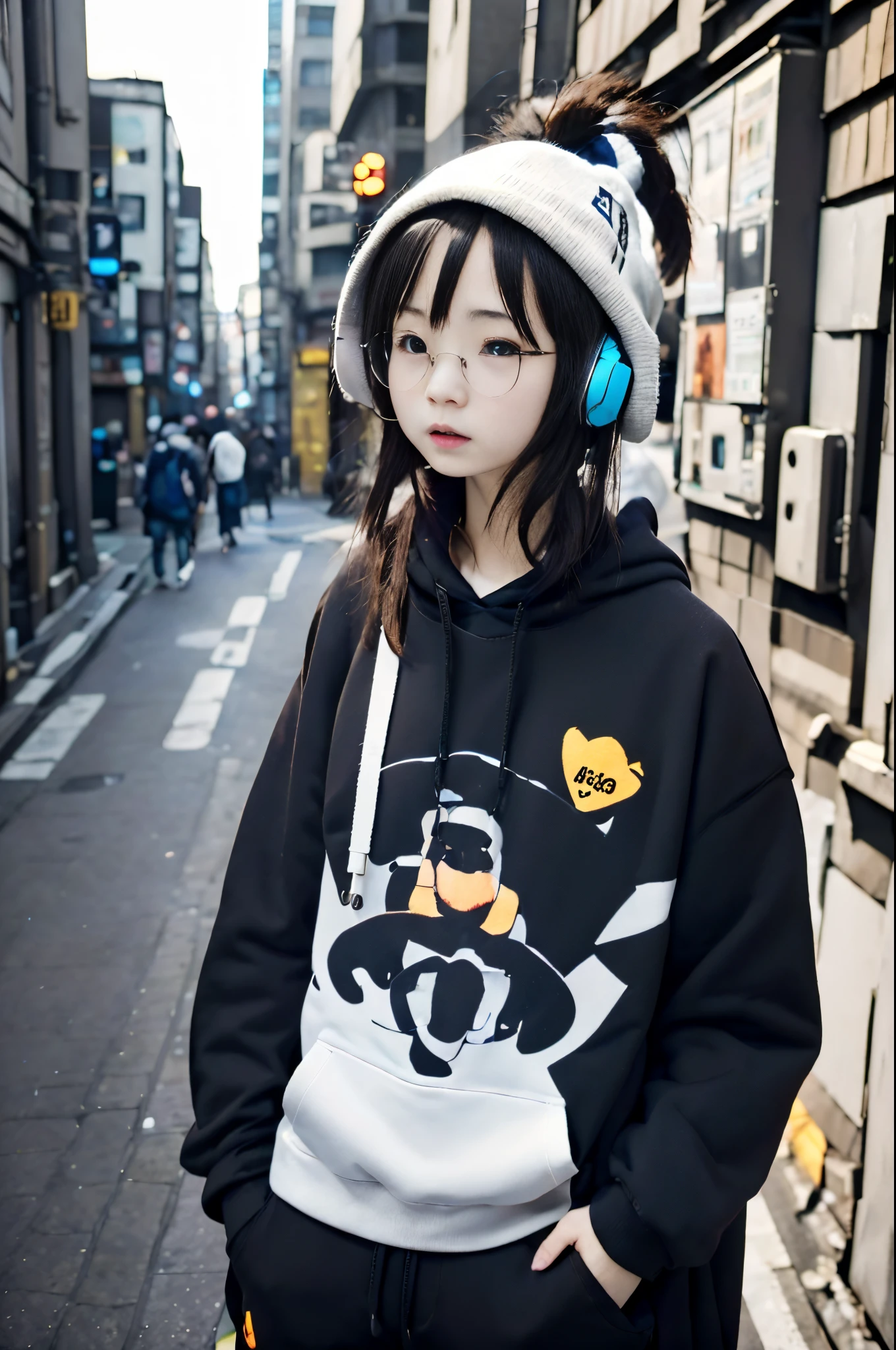 Shibuya, Back alley, vending machine on the background, wearing a hoodie on his head, From above, (8K, Raw photo, Best Quality, masutepiece:1.2), A girl in her 20s with headphones around her neck