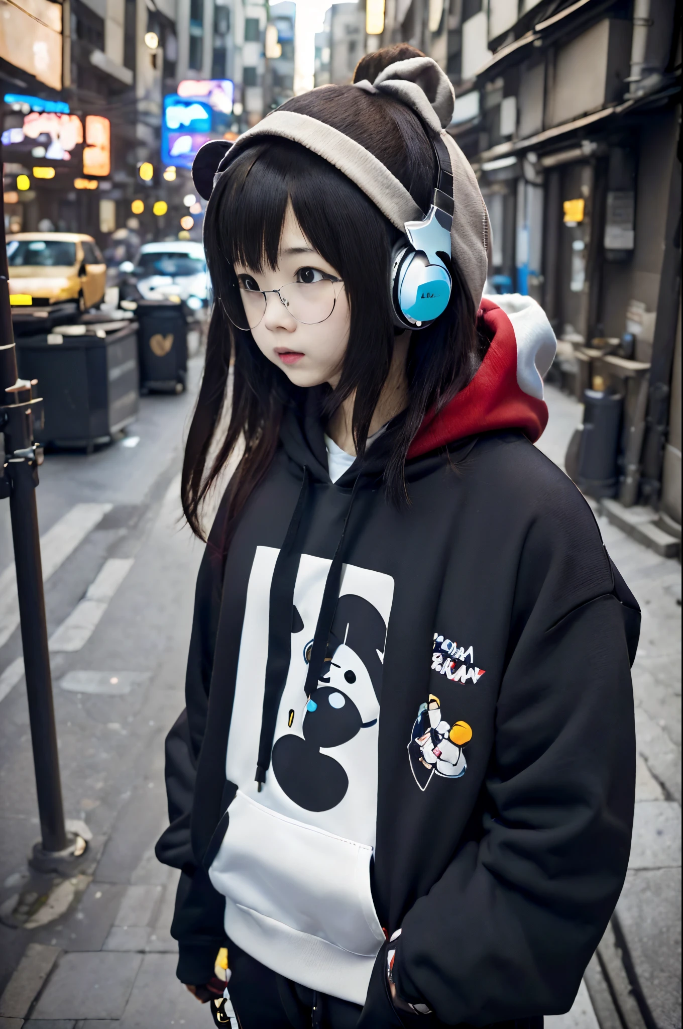 Shibuya, Back alley, vending machine on the background, wearing a hoodie on his head, From above, (8K, Raw photo, Best Quality, masutepiece:1.2), A girl in her 20s with headphones around her neck