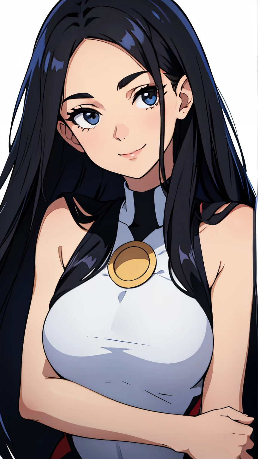 One girl with black hair, hair lenght until bust, straight hair, hair parted in center of head, round face. hairstyle with a center part, that the hair should be parted down the middle, creating a symmetrical look without any frontal hair covering the forehead. Looking straight, looking at viewer. Smiling. Solo, one girl. Looking straight, straight. Straight pose.