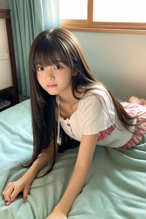 An ultra-high picture quality、Perfect Photo、Beautiful girl at 、Japan beautiful girl、middle schooed、slender、tiny chest、Sit on the bed、a miniskirt、With bangs、ankle、kne、angry looking face、Kamimei、poneyTail、