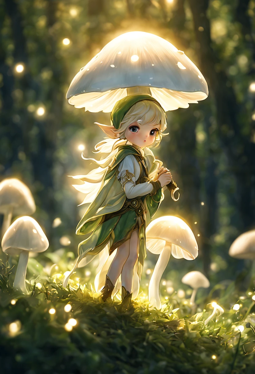 Surreal、16K HD、Maximum Sharp Focus Maximum Highlights Large Bokeh Background、A white glowing realistic white mushroom, close-up, a tall, bright, glowing, transparent-shouldered little elf, fantasy art, exquisite light tracing, a masterclass work
