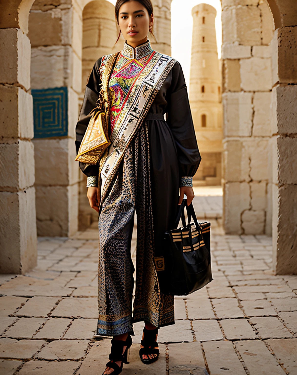 haute couture, A hyper-realistic, dress in the style of the Ark Fortress, ancient citadel in Bukhara, Uzbekistan, material with a traditional pattern or with designs in the spirit of the works of artists of that time: At the same time, clothing models may relate to those times, so be quite modern, Photorealistic, Real hands