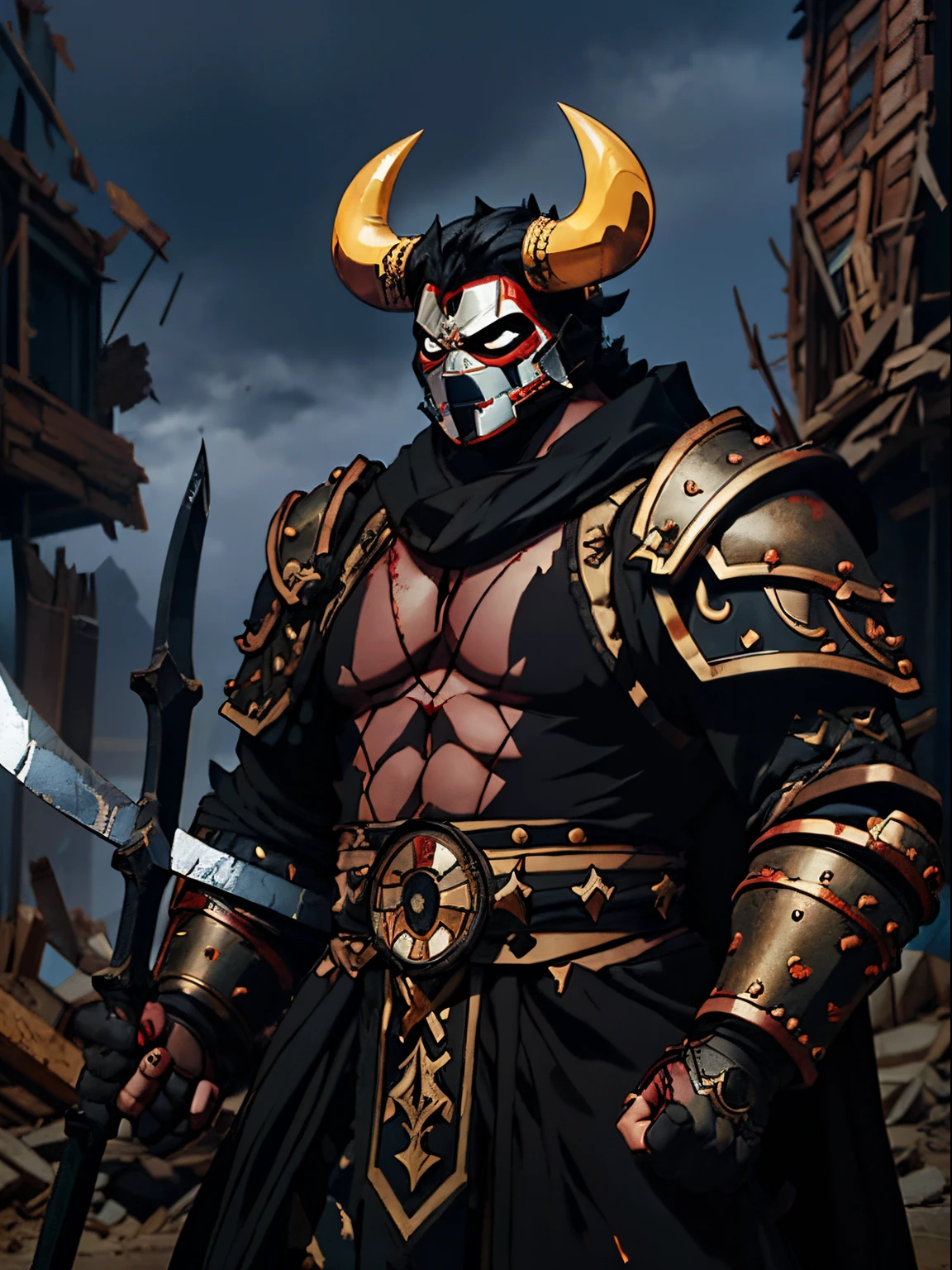 A tall and very muscular warrior, wears a heavy iron armor broken very damaged by scratches and blood, wears a large bull mask that covers his face, holds in his hand a large bipheny axe, magical, anime style, solemn pose, in a battlefield