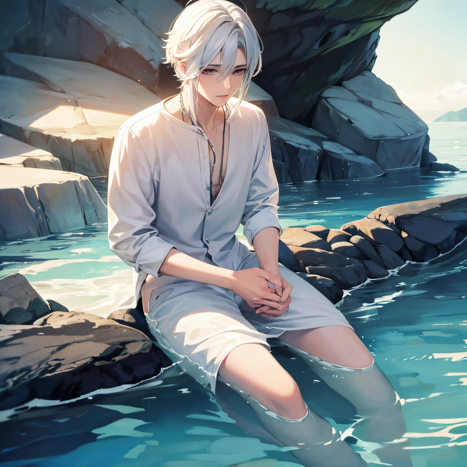 Neutral beautiful boy with white hair in water color