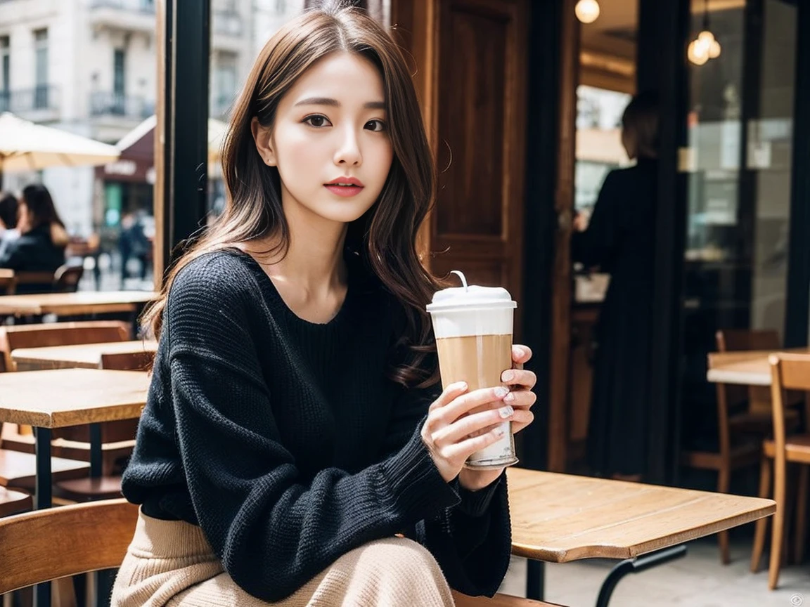 dark brown hair、Light brown eyes、The face of the Japan actress、adult lady、Soio、The face is about 40 years old.、(intricate-detail:1.2)、(top-quality:1.4)、 (超A high resolution:1.2)、超A high resolution、(A detailed eye)、(detailed facial features)、nffsw、8K resolution、moderately sized udder、she is wearing a warm black sweater and a long skirt.、Knees are smooth、length hair、Drinking hot latte on a Parisian cafe terrace、