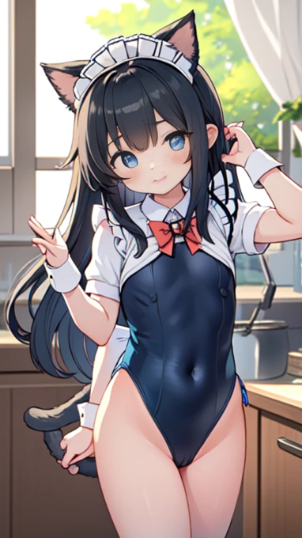Beautiful illustration、masuter piece, (​masterpiece、top-quality、8K ),intricate detailes,ultra-detailliert,softfocus、Black hair,Straight hair, long, Blue eyes, small tits、a junior high school student, 12year old、Cat's ears、tail、((((blue maid style leotard)))),Poses that fascinate a man、